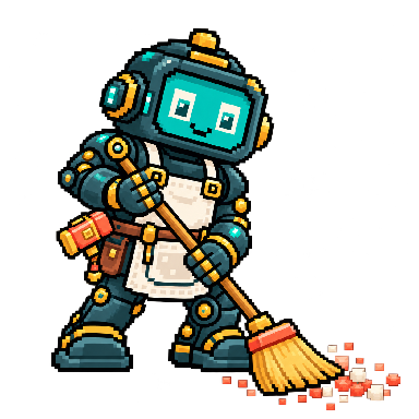 Clearforge mascot sweeping with a broom